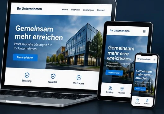 Beispiel einer Unternehmenswebsite auf Laptop, Tablet und Smartphone