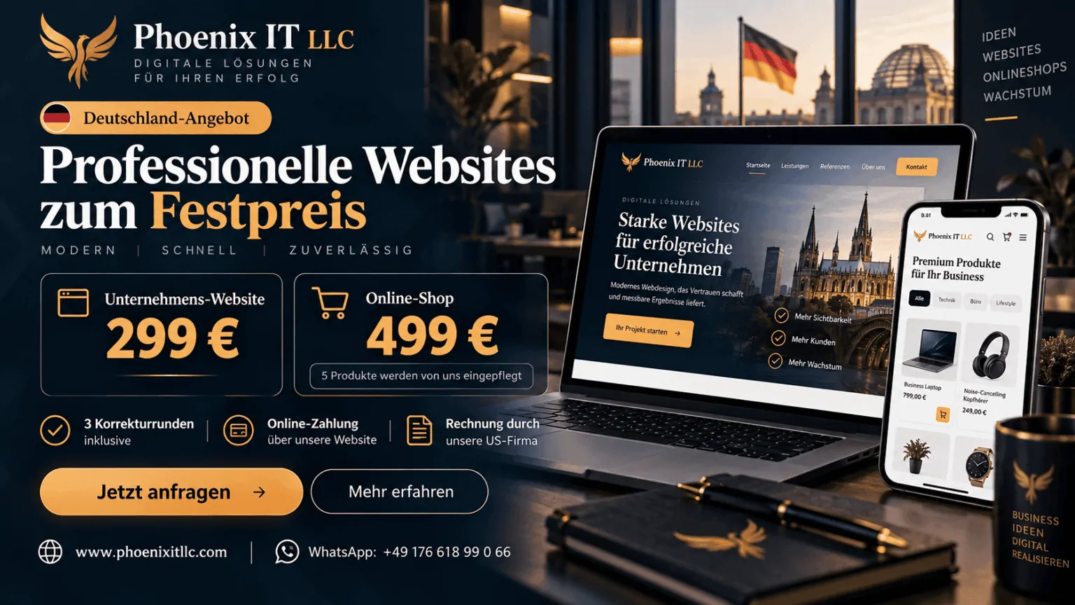 Phoenix IT LLC – Unternehmens-Website 299 € / Online-Shop 499 €